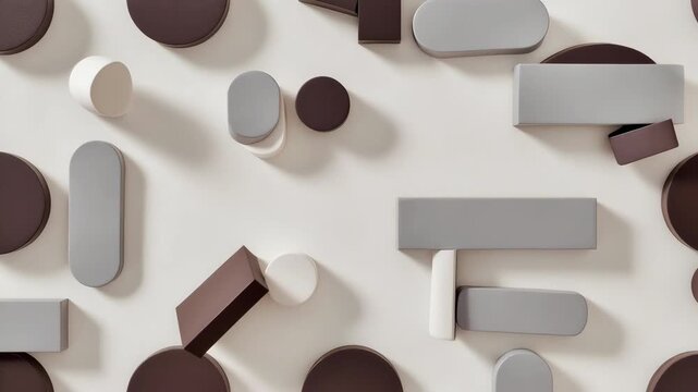 Assorted geometric shapes in neutral tones arranged in minimalist style on a pale surface, concept of modern abstraction