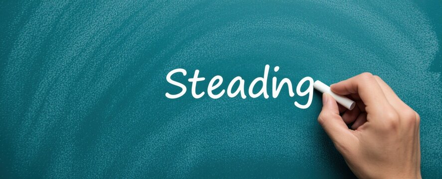 Hand writes word Steading with white chalk on green blackboard surface. Person uses tool for text communication. Concept involves learning education school lesson work. Top view close up shot