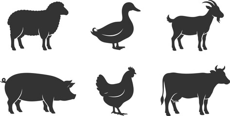 Fototapeta premium Farm Animal Silhouette Vector Icon Set Featuring Cow, Pig, Sheep, Goat, Chicken, and Duck for Agriculture Livestock Branding and Countryside Graphic Designs