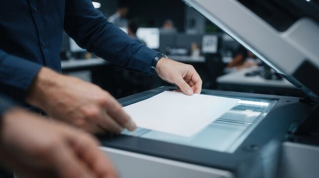 A person scanning documents on a copier for digital documentation and office work.