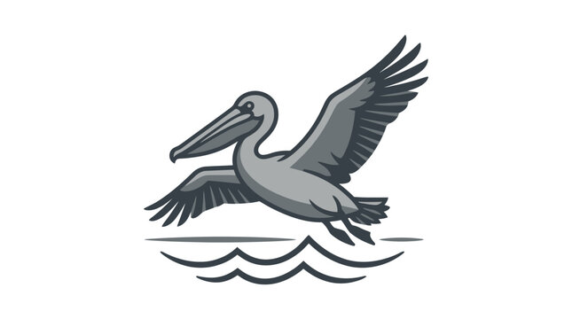 Gray pelican flying over stylized water surface vector illustration