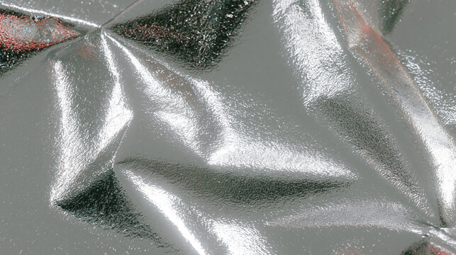 しわのあるシルバーメタリック箔と広い余白、光沢と反射が美しい抽象背景 / Wrinkled Silver Metallic Foil with Copy Space, Glossy Reflective Abstract Background