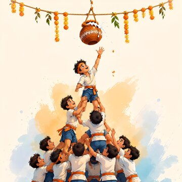 Children forming a human pyramid to break the dahi handi pot during the traditional janmashtami festival celebration with janmashtami, festival