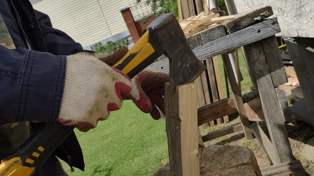 A low-angle close-up view shows an individual splitting a piece of firewood with an axe on a chopping block outdoors, useful for illustrating DIY or survival content.
