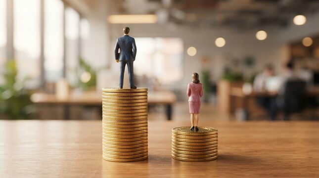 Male and female figures standing on coin stacks to represent the gender pay gap and income inequality.