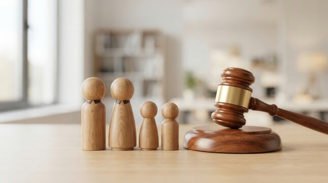 Wooden family figures placed beside a legal gavel symbolizing family law and justice.