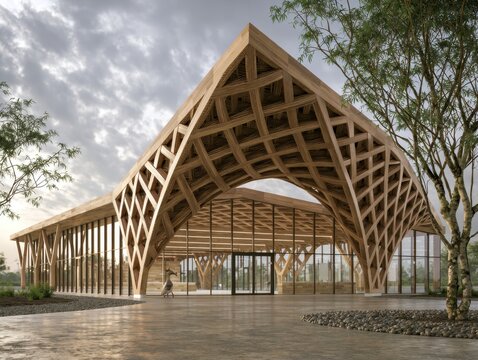 Modern Biophilic Architecture with Intricate Wood Structure and Glass Walls