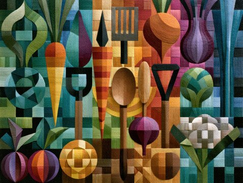 Abstract Geometric Produce and Kitchen Utensils Patchwork Design Art