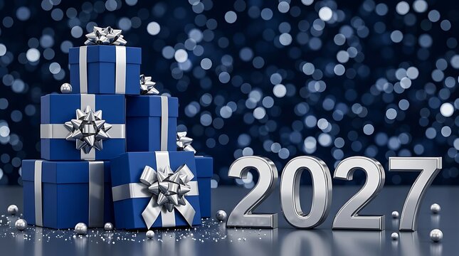 Blue gift boxes with silver ribbons and 2027 metallic numbers on a dark bokeh background