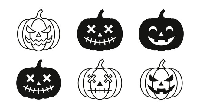 Halloween pumpkin silhouettes with carved faces in spooky variations