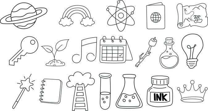 Hand Drawn Plant, Rainbow, Molecule, Passport, Treasure Map, Calendar, Laboratory Apparatus, Doodles