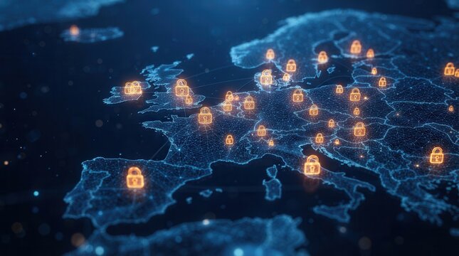Digital map of Europe with glowing security locks representing cybersecurity and data protection.
