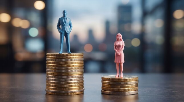 Male and female figures standing on unequal coin stacks representing the gender pay gap concept.