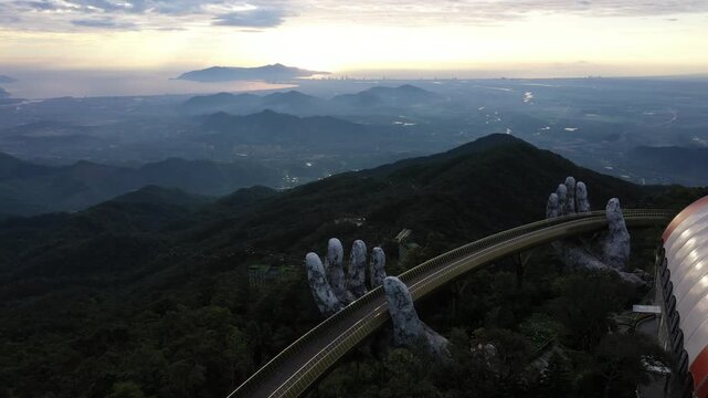 Cinematic Drone Footage of Ba Na Hills Featuring Golden Hands Bridge, Linh Ung Pagoda, Sun World French Village Castle and Mountain View Overlooking Da Nang