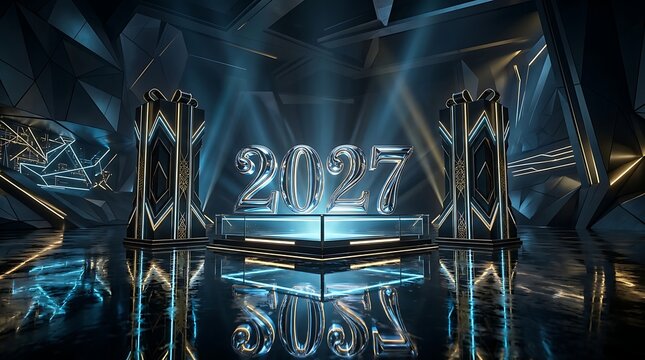 Metallic 2027 year numbers on a glowing stage with futuristic geometric structures and blue spotlight illumination