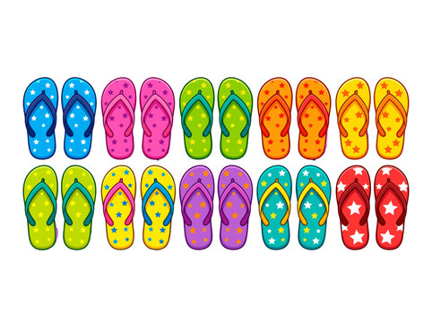 vector Collection of colorful flip flop sandals with star patterns for summer vacation and beach fun on transparent background
