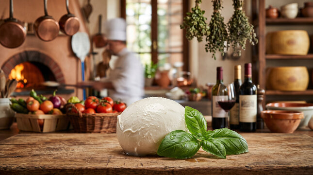 Fresh Mozzarella and Basil in Italian Kitchen