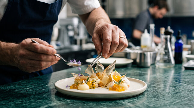 Chef Plating Gourmet Seafood Dish in Fine Dining Kitchen