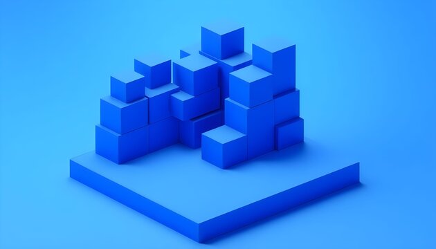 Abstract blue 3D isometric cubes on a square base representing a data concept and structure with minimalist geometric design