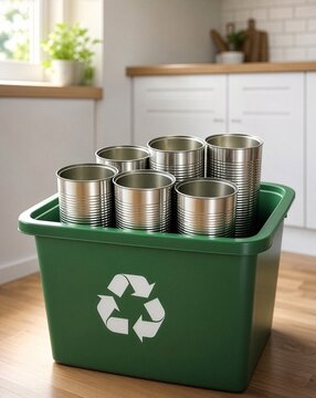 Empty tin cans in recycling bin, concept of household waste sorting and metal recycling