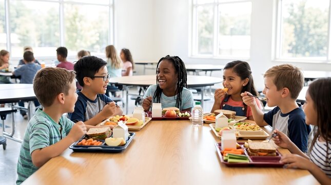 Elementary students socialize and eat their lunch trays while sitting in a modern school dining hall.