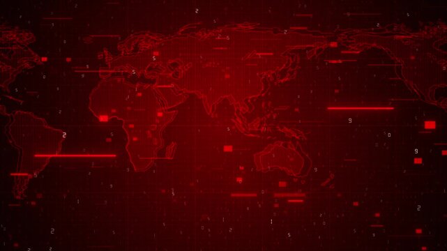 Red digital world map background grid lines, numbers, scanning blocks, cyber style interface. for global news, security alerts, data dashboards, hacking broadcast graphics, technology network reports.