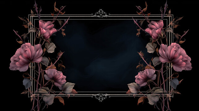 Vintage floral frame with ornate pink peonies and dark smoke background