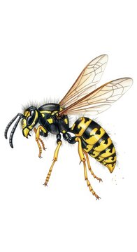 Close up of a yellow and black striped wasp in flight.