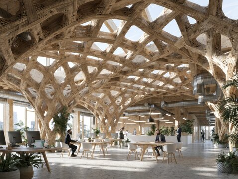Modern Biophilic Office Interior with Natural Light and Organic Design