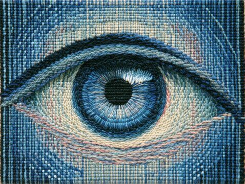 Intricate Blue Fiber Art Eye Design with Detail Handcrafted Texture