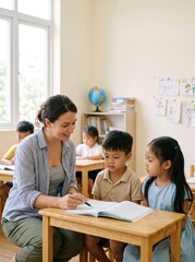 Fototapeta premium Happy Female Teacher Helping Young Elementary Students with Schoolwork in Classroom