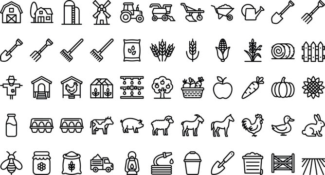 Farming and agriculture vector line icon set including barn tractor farm animals crops equipment harvesting tools and organic produce line art collection