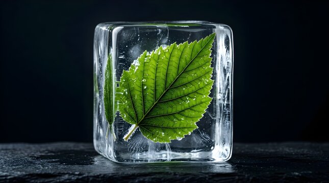 Green leaf frozen inside a clear ice cube isolated on black background