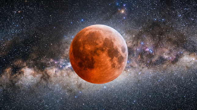 Fotograf&iacute;a hiperrealista de un eclipse lunar total mostrando la Luna roja sobre un cielo completamente estrellado, detalles astron&oacute;micos extremadamente precisos, calidad 8K, estilo documental.