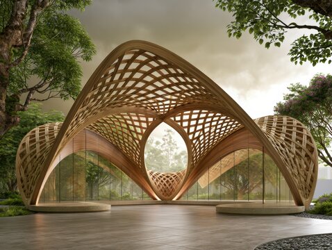 Modern Wooden Lattice Structure with Glass Walls in a Natural Setting