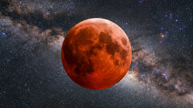 Fotograf&iacute;a hiperrealista de un eclipse lunar total mostrando la Luna roja sobre un cielo completamente estrellado, detalles astron&oacute;micos extremadamente precisos, calidad 8K, estilo documental.