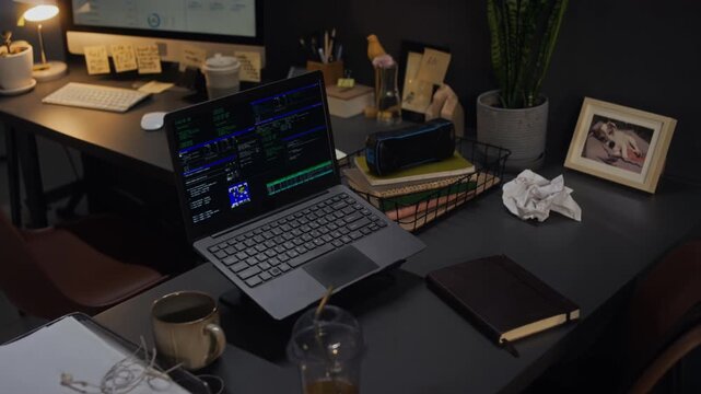 High angle shot of laptop displaying programming code sitting on messy office desk during late night hours. Clip of software development, cybersecurity, overtime work concepts in corporate marketing