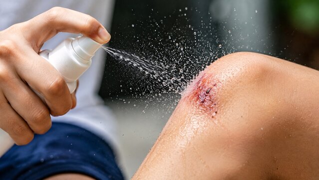 Close-up of spraying transparent antiseptic liquid onto a badly scraped knee