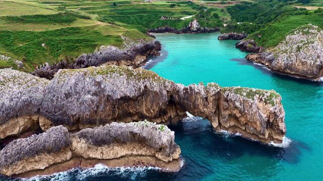 Beautiful beach on Cantabrian coast of Spain, playa Berellin in Cantabria, Atlantic coast of Spain, rocky paradise beach on the ocean coast