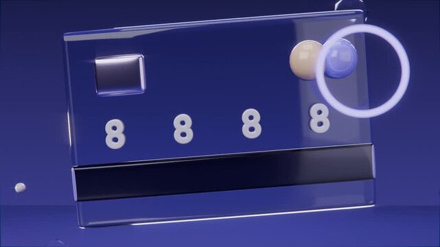 Floating card rotating in blue studio, lit ring sweeping from right showing raised 8s, spheres