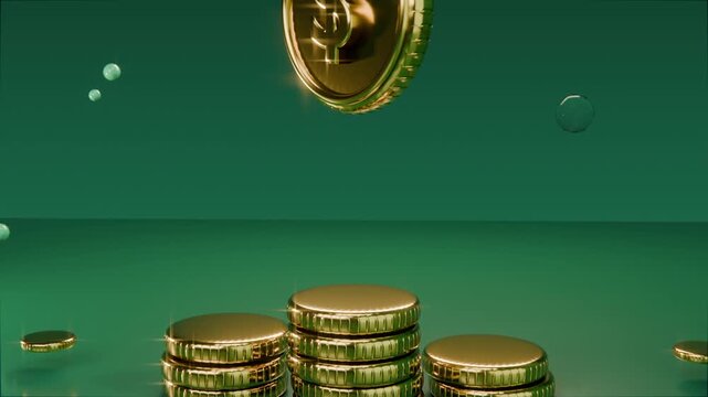 Dropping from above big gold coin rotating toward stacked coins on green table, joining stacks