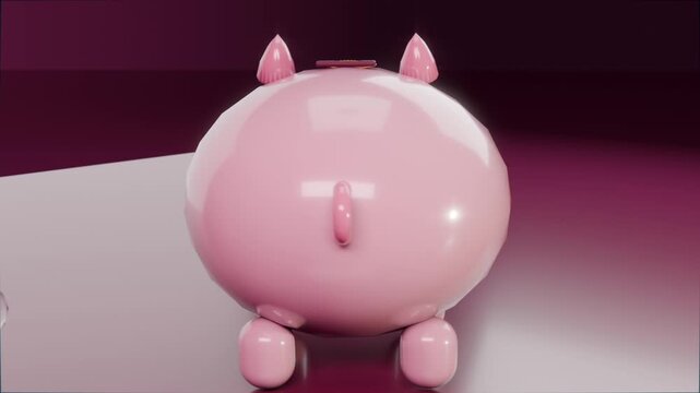 Playback starting, rotating pink piggy bank showing gold coin on maroon studio floor with bubbles