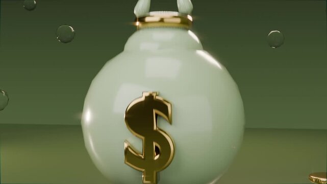 Bobbing orb rotating toward camera during camera approach in studio showing gold dollar and bubbles