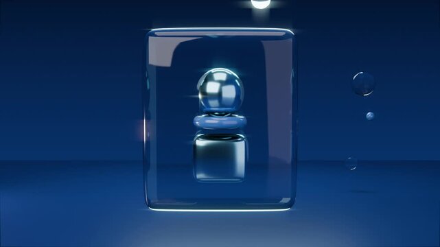 Sweeping neon arc forming glowing ring around glass block in studio, highlighting chrome sphere