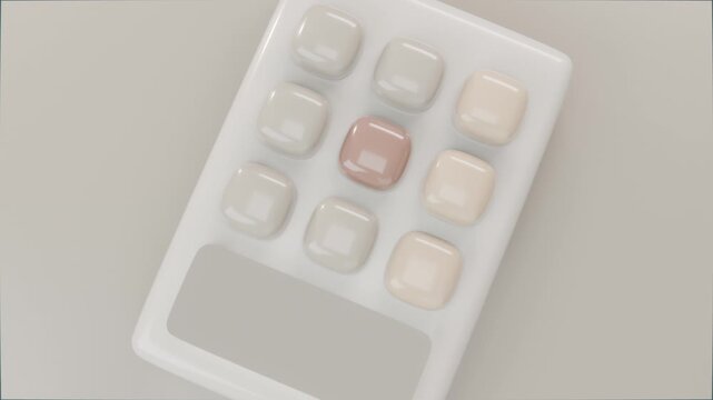 Rotating white tray turning clockwise as frames advance on gray surface, showing 3x3 glossy pads