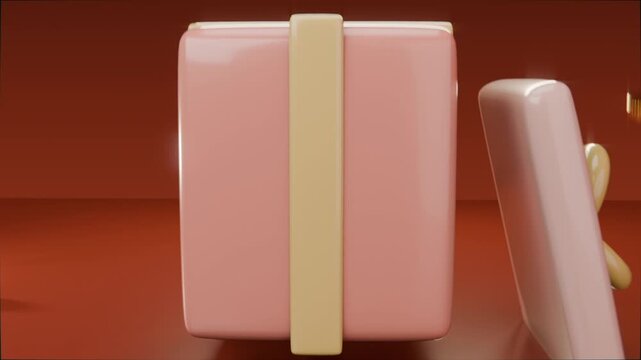 Moving camera causing pastel pink gift box opening on glossy red studio floor, revealing gold coins
