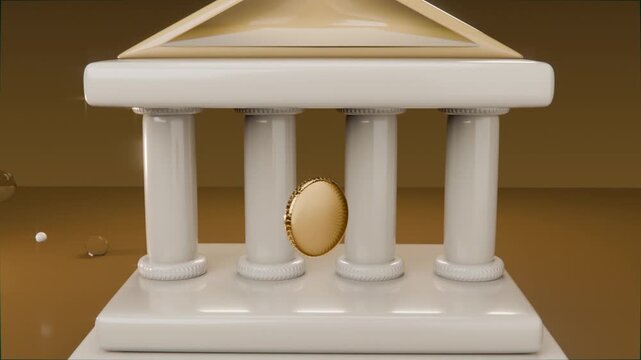Floating gold coin initiating white columns rising on base in studio forming pediment bank temple