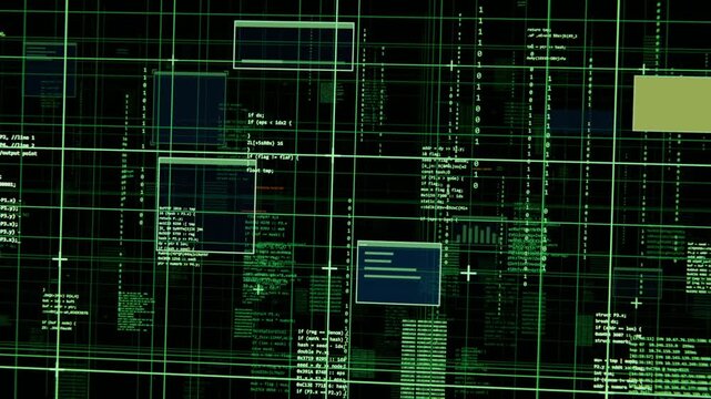 Shifting display on start at dark HUD, sliding neon green grid, blue code panels for analysis