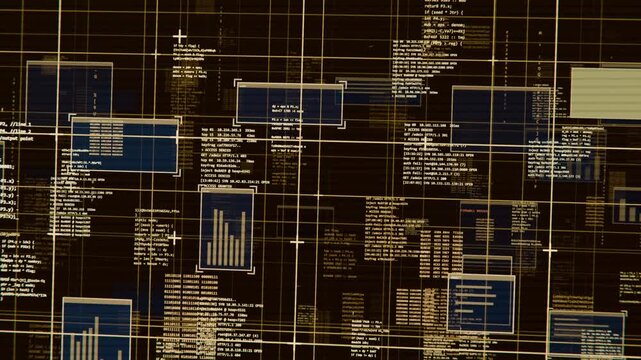 Interface getting data updating logs moving blue charts framing panels with white boxes for ops