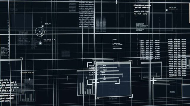 Drifting camera revealing digital interface on HUD, framing central square panel and scrolling data